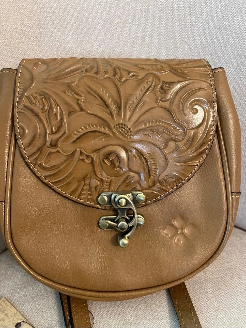 Patricia Nash Tan Floral Tooled Leather Crossbody Bag